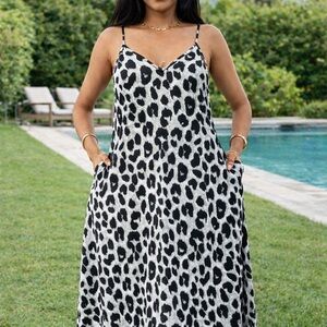 Asymmetrical Black & White Leopard Slip Dress